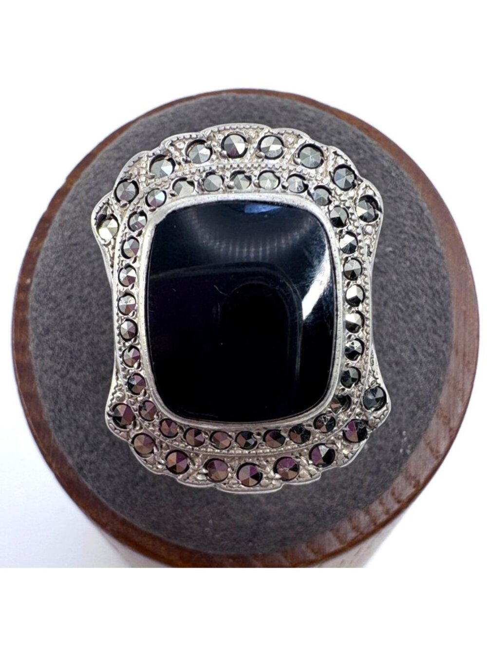 Black Onyx Bezel Set Sterling Silver 925 & Marcasite Ring Size 5.25